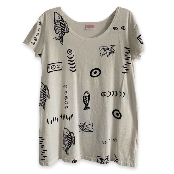 Sea Breeze Size Small Graphic T-Shirt Coverup White with Black Sea Themed Print - Picture 1 of 9